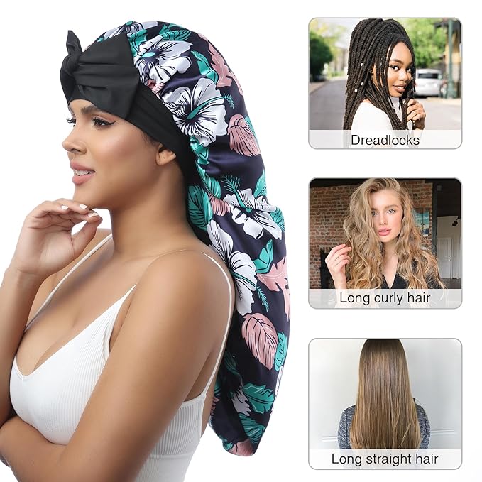 AWAYTR Long Satin Bonnet for Women - Double Layer Elastic Silk Bonnet for Braids Hair Sleeping Cap with Tie Band (Flower D)