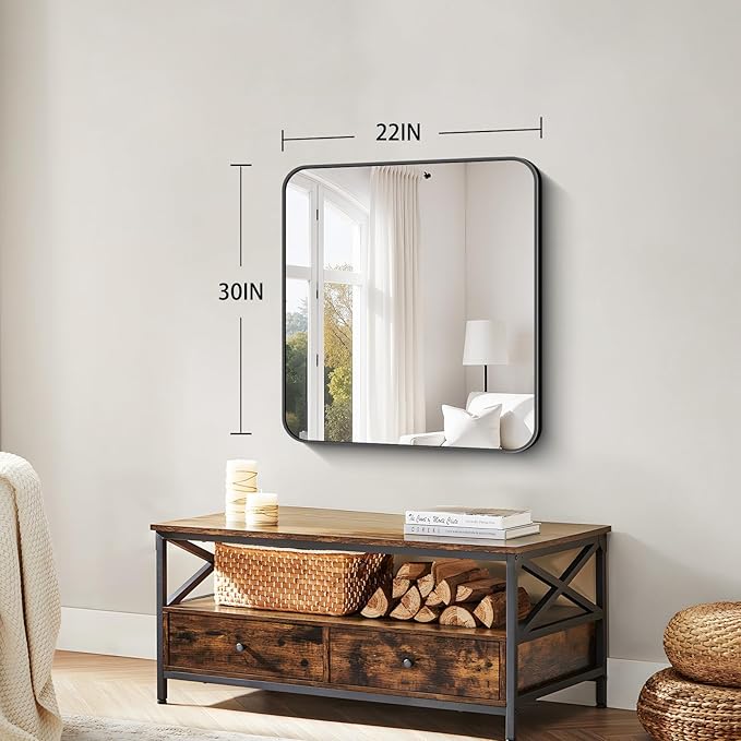 Koonmi Black Framed Bathroom Mirror - 30x22 Inch Shatterproof Tempered Glass Vanity Mirror for Bathroom Sink, Wall Mounted with Matte Aluminum Alloy Frame, No Distortion, Modern Decor