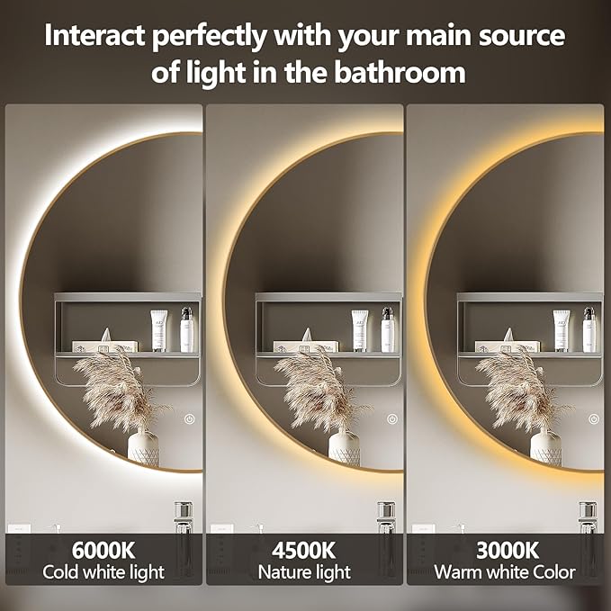 Niccy 28" LED Backlit Round Mirror for Bathroom, Gold Framed Vanity Light Wall Mirror LED Smart Circle Mirrors with 3 Lighting Colors, Dimmable Lighted Mirror with Anti-Fog, IP65 Waterproof
