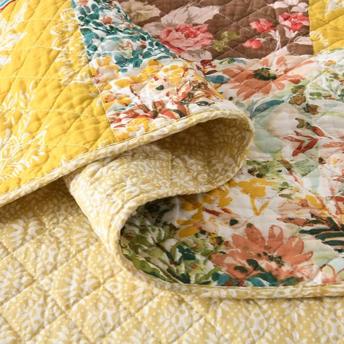 Autumn Dream Cotton Bedspread Quilt Sets Reversible Bedding Coverlet Sets, Luxury Vintage Floral Patchwork Yellow Bedspread, King Size