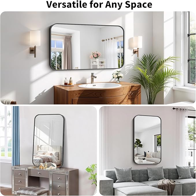 Koonmi Black Framed Bathroom Mirror - 24x42 Inch Shatterproof Tempered Glass Vanity Mirror for Bathroom Sink, Wall Mounted with Matte Aluminum Alloy Frame, No Distortion, Modern Decor