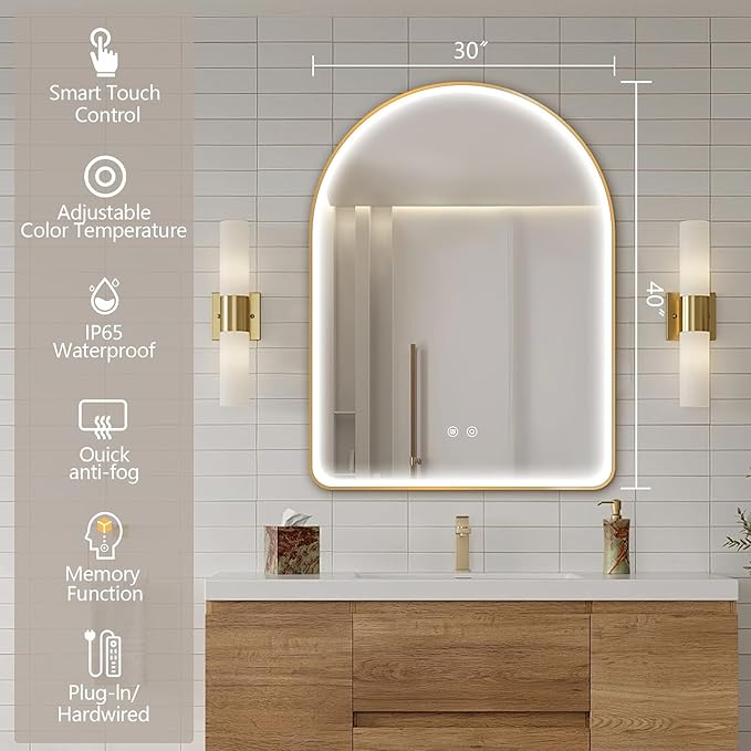 Niccy Arched LED Bathroom Mirror, 40"x30" Gold Framed Arch Wall Lighted Mirrors, Arching Frontlit Vanity-Mirror with Memory Function for Bathroom Bedroom, Defogger and 3 Color, Explosion-Proof