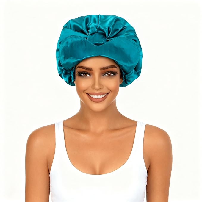 Blue Silk Bonnet for Sleeping Women Adjustable Double Layer Hair Bonnet for Curly Braids Hair Soft Satin Bonnet Night Sleep