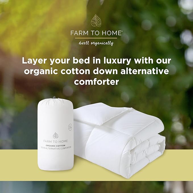 Farm To Home Luxury Comforter Organic Cotton All Season Fluffy Lightweight Down Alternative Machine Washable Comforter for Bedroom, Full/Queen