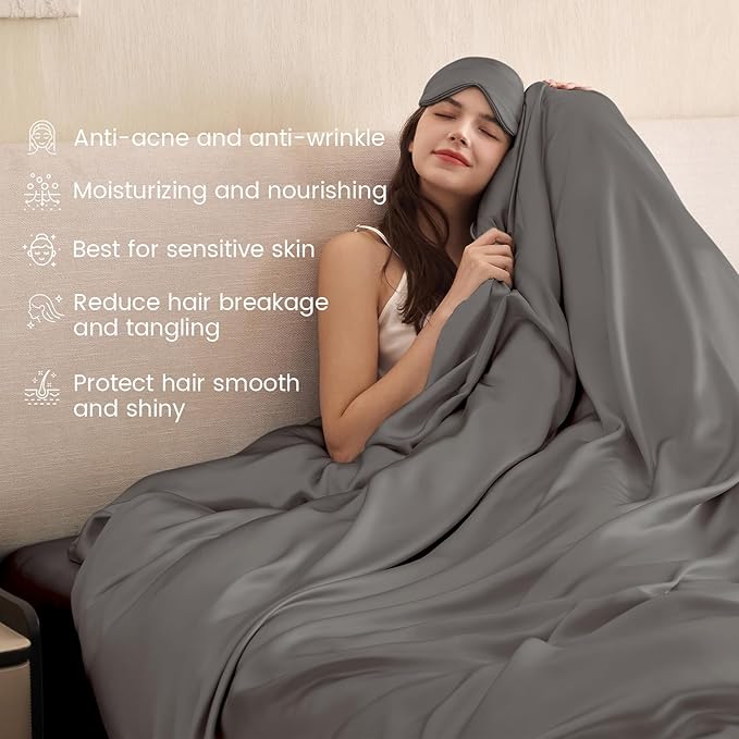 THXSILK 100% Pure Mulberry Silk Duvet Cover Set 3 Piece, 6A+ Grade Luxury Soft Bedding Silk Sheets for Hair and Skin, 1 Pcs Duvet/Quilt/Comforter Cover with 2 Zippered Pillowcases (Charcoal, Twin)