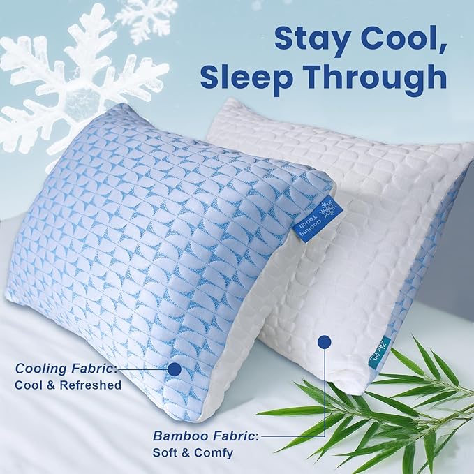 QUTOOL Firm Pillow Shredded Memory Foam(Adjustable Loft), Cooling Supportive Side Sleeper Pillows for Sleeping, Standard Size Set of 2, for Adults,CertiPUR-US Certified