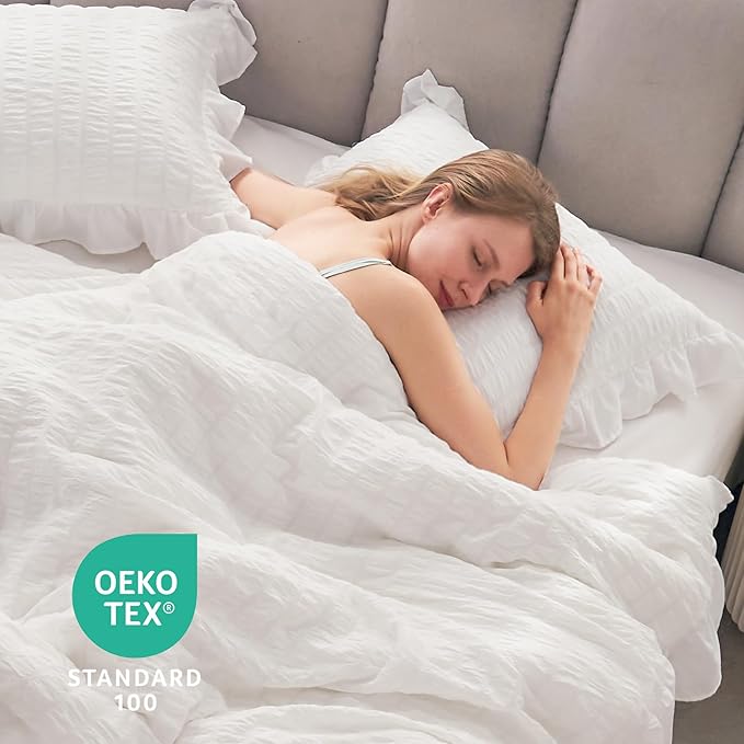 JOLLYVOGUE White Comforter Full Size, 3 Pieces Seersucker Lightweight Full Size Bedding, All Season Fluffy Microfiber Bedding Comforter Set with 1 Ruffle Comforter and 2 Ruffle Pillowshams