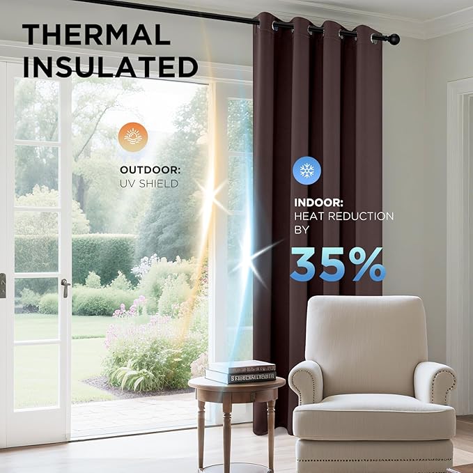 Joydeco Blackout Curtains 63 inch Length 2 Panels Set, Thermal Insulated Long Curtains & Drapes 2 Burg, Room Darkening Grommet Drapes for Bedroom Living Room Windows (W42 x L63 Inch, Chocolate)