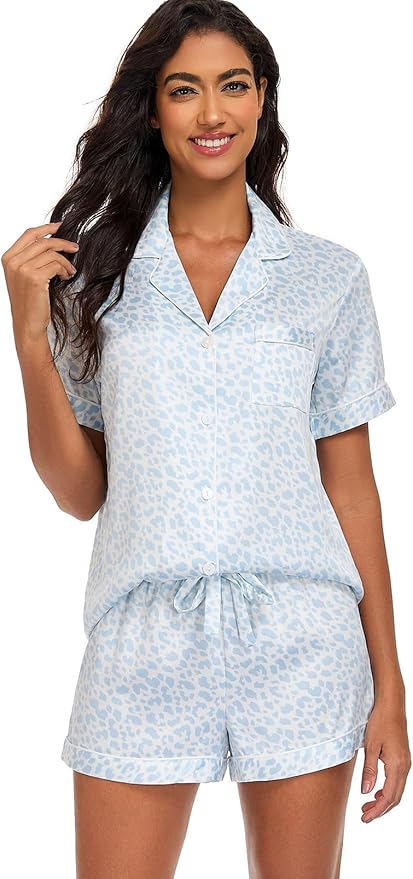 Women's Satin Pajama Set 2-Piece Sleepwear Loungewear Button Down Short Sleeve Silky PJ Set