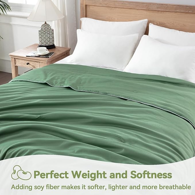 Globon Lightweight Comforter King Size,Summer Blanket for Hot Sleepers Keep Cool,Silk Soft Bamboo Viscose Shell,Organic Breathable Fill,Double Stitch,Sage Green