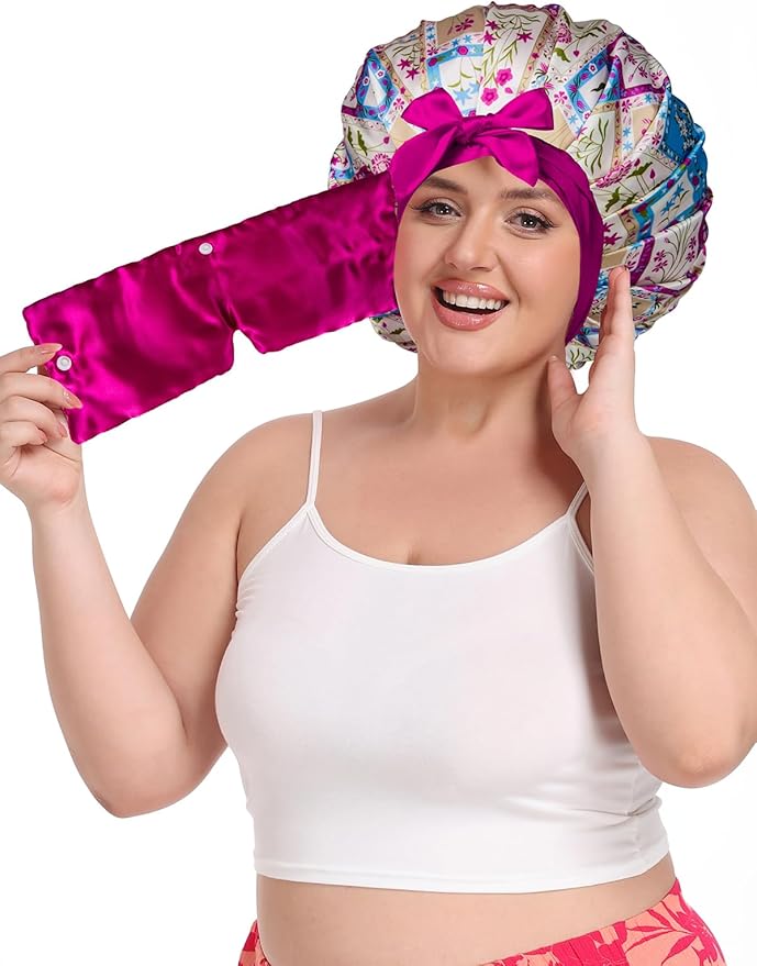 Pleated Silk Sleeping Bonnet with Eye Mask Double Layer Satin Hair Bonnets Sleep Cap for Curly Natural Hair
