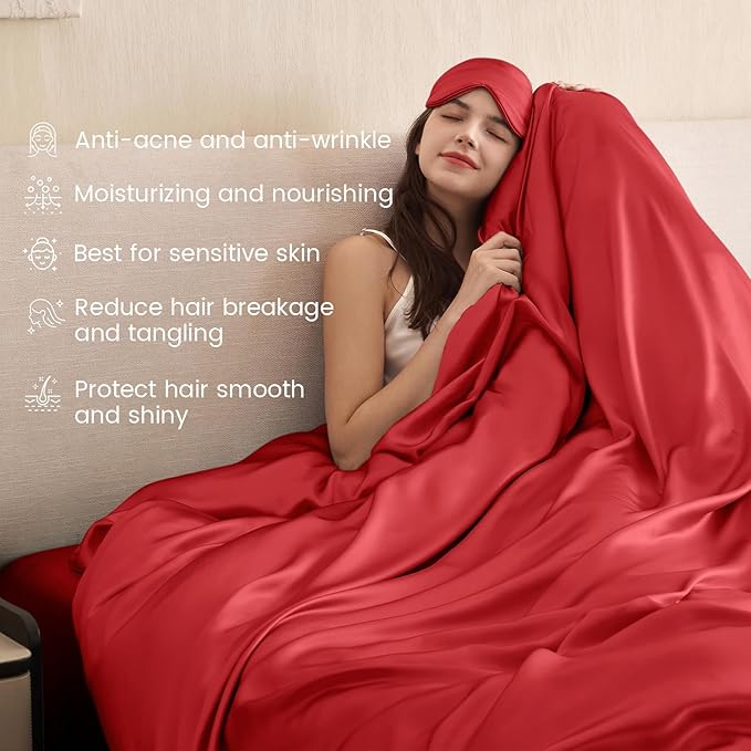 THXSILK 100% Pure Mulberry Silk Duvet Cover Set 3 Piece, 6A+ Grade Luxury Soft Bedding Silk Sheets for Hair and Skin, 1 Pcs Duvet/Quilt/Comforter Cover with 2 Zippered Pillowcases (Red, King)