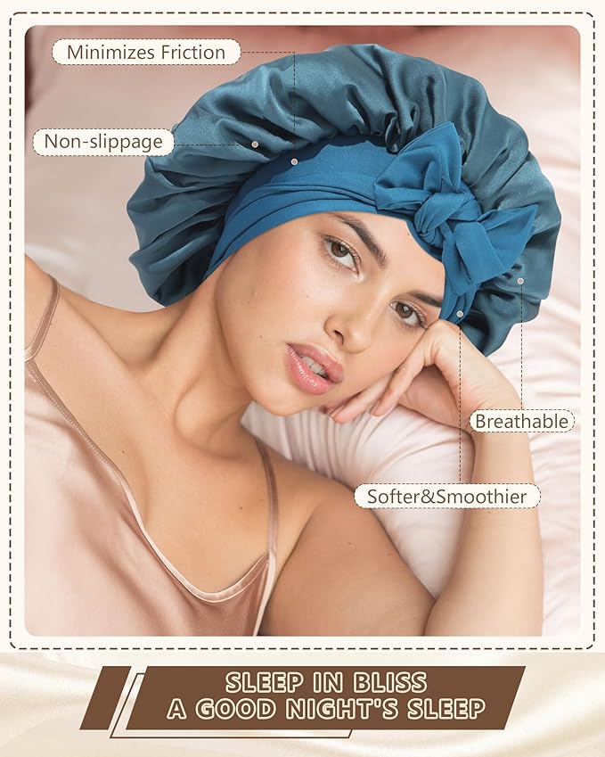 AWAYTR Women Satin Bonnet for Sleeping - Double Layer Silk Hair Bonnet with Elastic Tie Band for Braids Curly Hair