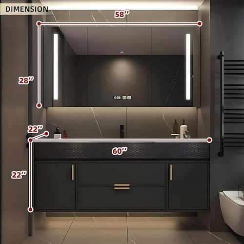 60" Floating Bathroom Vanity with Single Sink, Solid Wood Bathroom Vanity Includes LED Smart Defogging Mirror Cabinet & One-Piece Sink, Modern Vanities with Soft-Close Drawer Storage (Black)