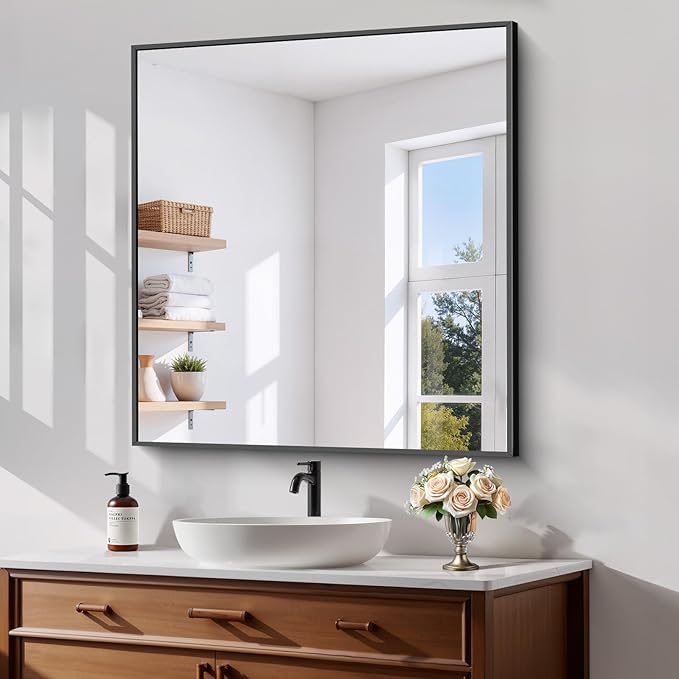 Koonmi Black Framed Bathroom Mirror - Shatterproof 36"x24" Tempered Glass, HD No Distortion, Horizontal/Vertical Mount, Modern Matte Aluminum Alloy Frame