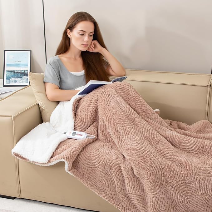 Heated Blanket Twin Size- 62"x84" Cozy Soft Jacquard Heating Blanket with 4 Heat Levels & 4 Hours Auto-Off, Jacquard Fleece, Overheating Protection, Warm Gifts, Brown