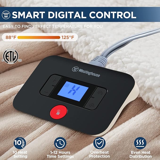Westinghouse Electric Blanket Twin, Heated Blanket Twin Size with 10 Heating Levels and 1 to 12 Hours Heating Time Settings, Flannel to Sherpa Reversible, Machine Washable (62" x 84", Beige)