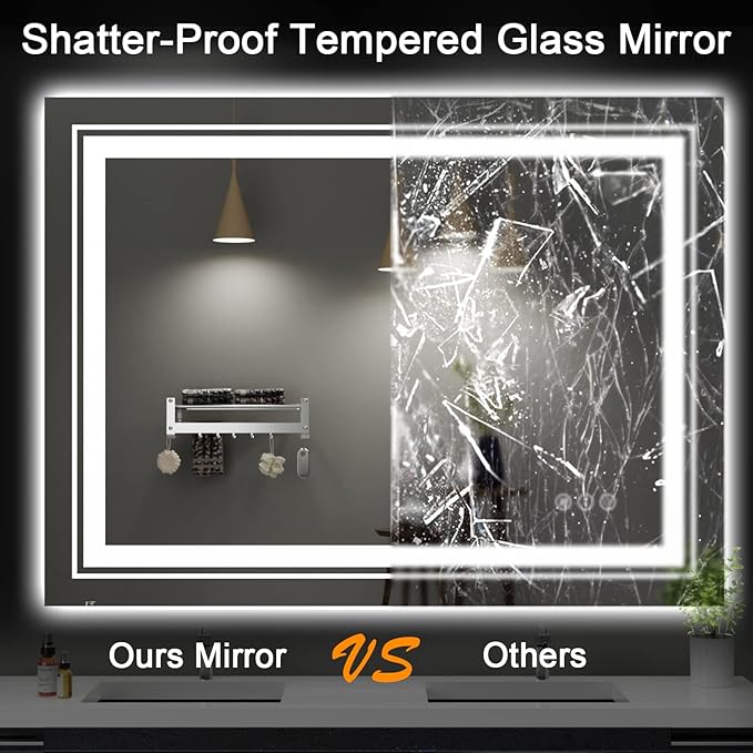 LED Bathroom Mirror, 55"x30" with Front and Backlit, Anti-Fog, Large Bathroom Vanity Mirror for Wall, Memory Function, Stepless Dimmable, Tempered Glass (Horizontal/Vertical)