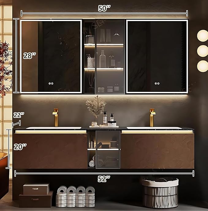 52" Double Bathroom Sink Vanity, Modern Bathroom Vanity Includes LED Smart Defogging Mirror Cabinet & Semi-Open Storage & Ceramic Basin, Floating Bathroom Cabinet with Sensor Light (Dark Brown)