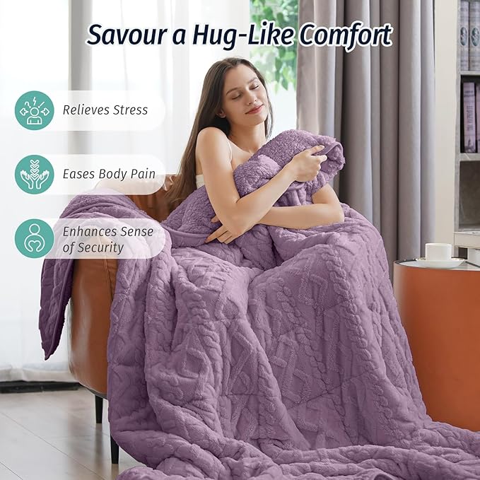Wemore Weighted Blanket for Adults Twin Size 15 lbs, Dual Sided Soft Fuzzy Jacquard Sherpa Weighted Blankets for Sleeping, Cozy Fluffy Knitted Heavy Blanket for Couch Bed, Purple, 60 x 80 inches