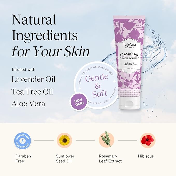 LilyAna Naturals Charcoal Face Scrub - Facial Exfoliator - Microdermabrasion Scrub - Facial Skin Care Products for Women and Men - Lavender and Tea Tree Oil - 3oz