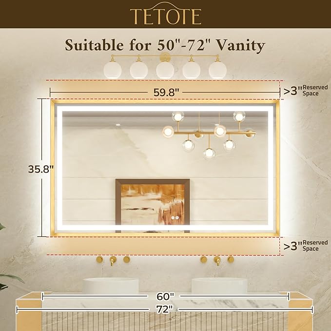 TETOTE 60 x 36 Bathroom LED Mirror Brushed Gunmetal Gray Frame Frontlit & Backlit Vanity Mirror Anti-Fog Stepless Dimmable 3 Colors White/Warm/Natural Wall-Mounted