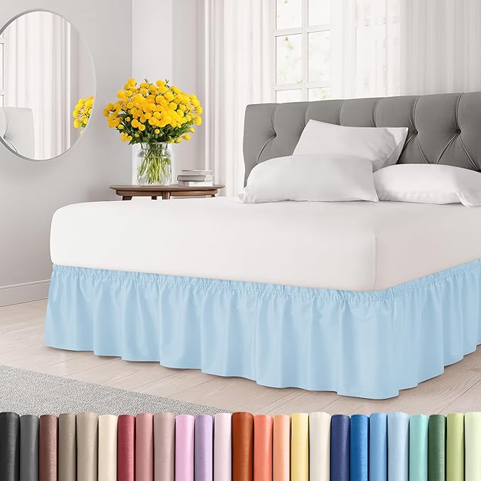 Wrap Around Dust Ruffle Bed Skirt - Light Blue - for Queen Size Beds with 18 Inch Drop - Elastic Strap - Adjustable Pleated Bedskirt with Brushed Fabric and Wrinkle Free - For Women, Men, Kids & Teens
