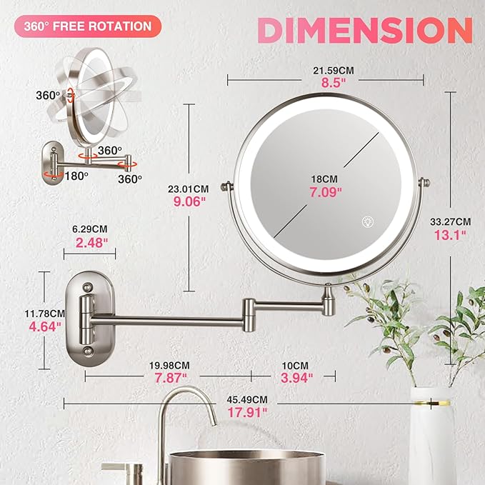 20X Magnifying Mirror with Light: 8.5 Inch Lighted Makeup Mirror, Wall Mount, 360 Rotation, Touch Screen, Rechargeable, Brushed Nickel