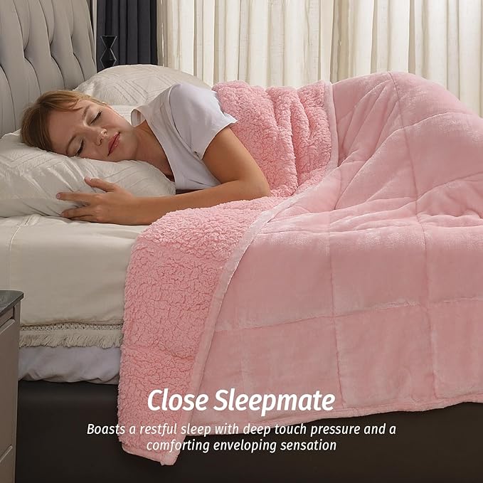 Wemore Sherpa Fleece Weighted Blanket for Adult, 15 lbs Dual Sided Cozy Fluffy Heavy Blanket, Ultra Fuzzy Throw Blanket with Soft Plush Flannel Top, 80 x 87 inches, Pink on Both Sides