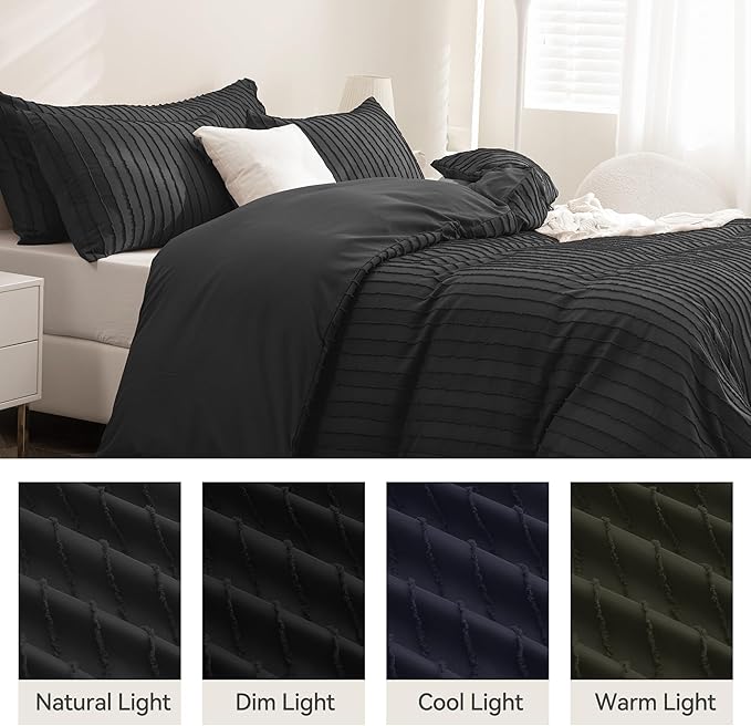 JELLYMONI Duvet Cover Queen Size Black - 3PCS Boho Striped Duvet Cover Set Polyester Tufted Bohemian Textured Comforter Cover with Corner Ties & Zipper Closure