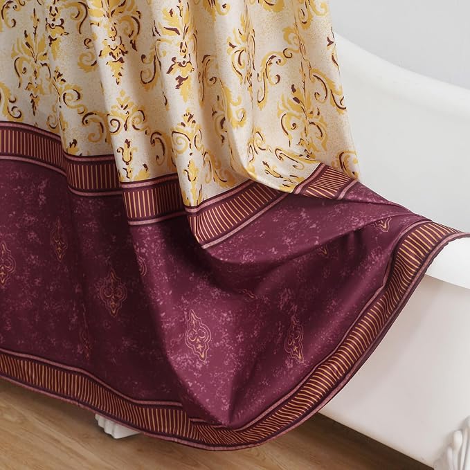 Fabric Shower Curtain, Burgundy and Gold Damask Print Shower Curtains for Bathroom, Classic Baroque Bathroom Curtains, 62" W x 72" H