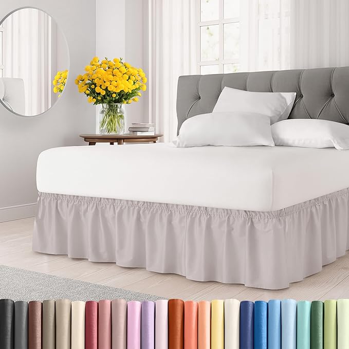 Wrap Around Dust Ruffle Bed Skirt - Light Grey - for Full Size Beds with 12 Inch Drop - Elastic Strap - Adjustable Pleated Bedskirt with Brushed Fabric and Wrinkle Free - for Women, Men, Kids & Teens