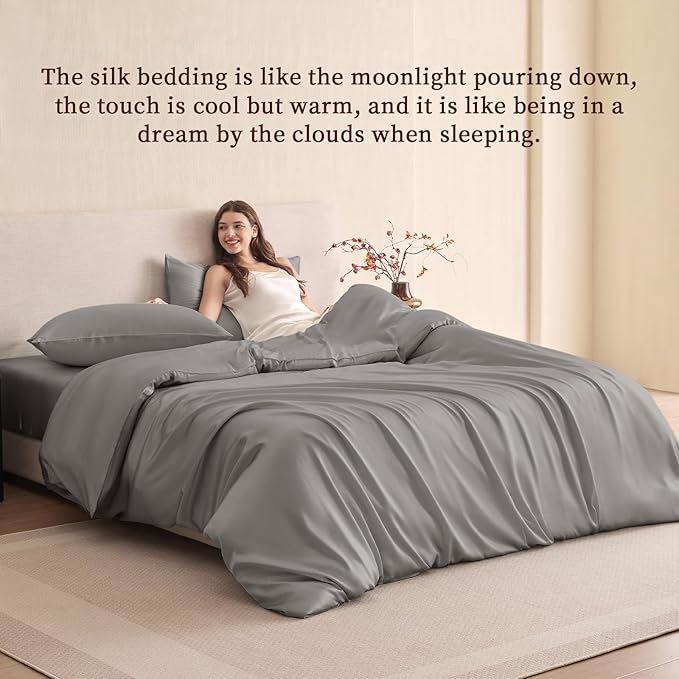 THXSILK 100% Pure Mulberry Silk Duvet Cover Set 3 Piece, 6A+ Grade Luxury Soft Bedding Silk Sheets for Hair and Skin, 1 Pcs Duvet/Quilt/Comforter Cover with 2 Zippered Pillowcases (Grey, Full)