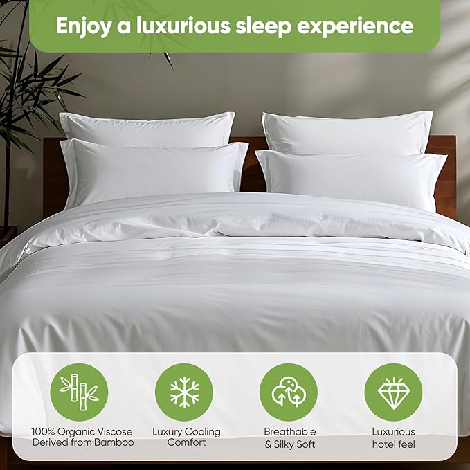 TWK Luxury Sheet Set, Genuine 100% Organic Viscose Derived from Bamboo, Cooling & Breathable, Silky Soft, Bedding Sheets & Pillowcases (White, Full)