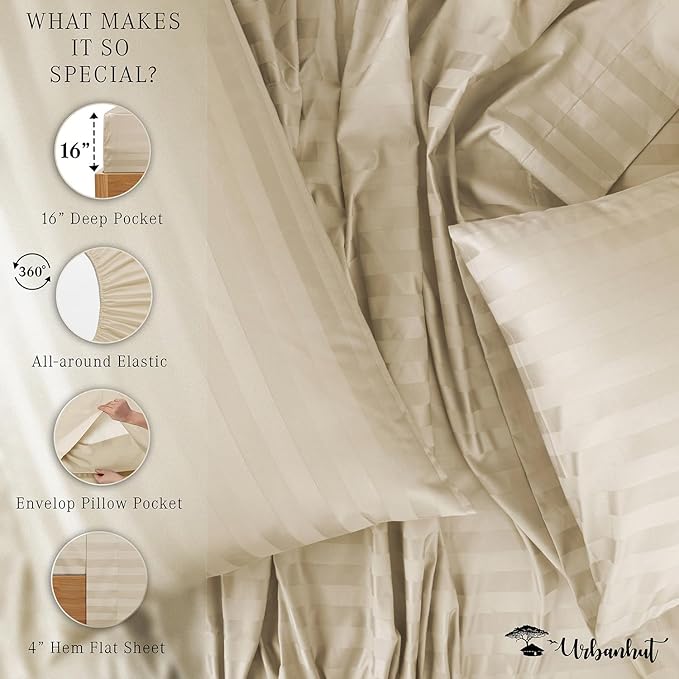 URBANHUT 1000 Thread Count Egyptian Cotton Damask Striped Queen Sheets, Long Staple Soft & Breathable, 4 Pc Bed Sheet Sets, Luxury Hotel Sateen Sheets Fits 16" Deep Pocket - Ivory