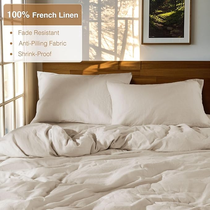 SONORO KATE 100% French Linen Duvet Cover Full Size, Soft Breathable for Hot Sleepers, Moisture Wicking & Durable Cover Set - Zipper Closure & 4 Corner Ties Duvet Covers 3 Piece (Linen,Full)
