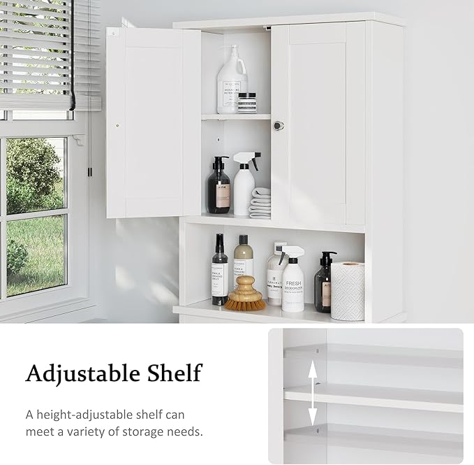 Meilocar Over The Toilet Storage Cabinet, Bathroom Storage Cabinet Over Toilet, Space Saver W/Adjustable Shelf & Open Shelf, White