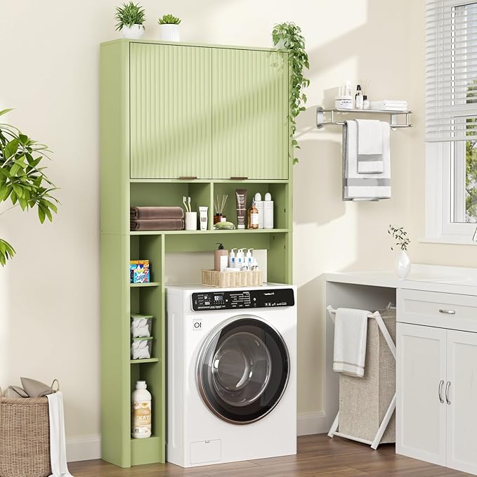 31" W Over The Toilet Storage Cabinet with Fluted Door, Green Bathroom Organizer with Adjustable Shelf, Natural Toilet Paper Holder Stand Wave Door for Restroom, Laundry Room