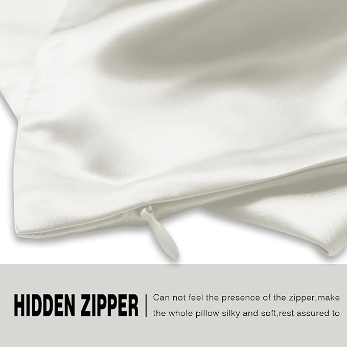 Silk Pillow Cases 2 Pack Soft Breathable and Sliky Standard Size Pillow Cases Set of 2,Natural Mulberry Satin Silk Pillowcase with Hidden Zipper for Hair and Skin (Ivory,20"X 26",2pcs)