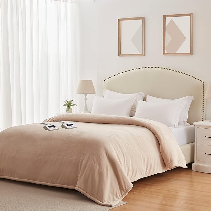 Sealy Electric Blanket Queen Size, Flannel Heated Blanket with 10 Heating Levels & 1-12 Hours Auto Shut Off, Fast Heating Warm Blanket, Machine Washable, Beige, 84 x 90 Inch