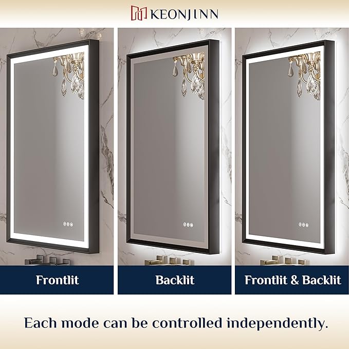 Keonjinn 30" x 36" LED Bathroom Mirror with Frontlit & Backlit, Black Metal Framed Mirror for Wall, Antifog, Stepless 3 Colors Temperature, UL-Listed LED Driver, Tempered Glass
