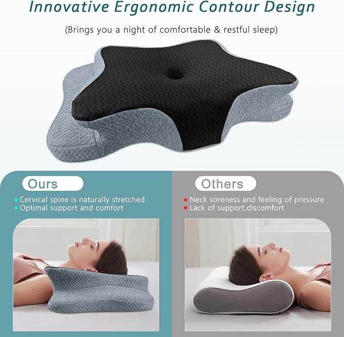 Cervical Pillow for Neck Pain Relief, Memory Foam Pillow, Ergonomic Contour Bed Pillow, Soft for Side Sleep Stomach Sleeping and Back Sleepers