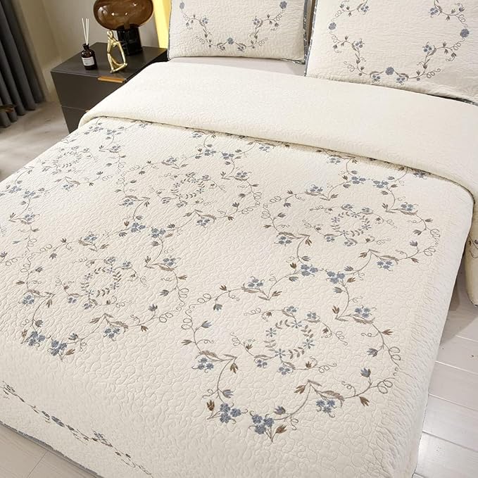 vctops 3-Piece 100% Cotton Bedspread Coverlet Set King Size Elegant Floral Embroidered Reversible Patchwork 1 Quilt and 2 Pillow Shams (Flower B,King)