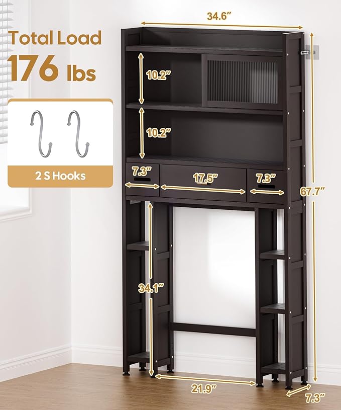 Over The Toilet Storage Cabinet with Acrylic Sliding Door Panel, Bamboo Organizer Shelf with 2 Paper Drawers and 1 Big Drawer,Space Saver Rack for Bathroom (Brown)