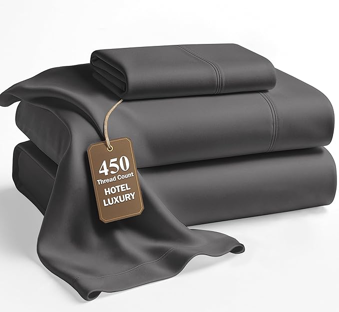 LANE LINEN Twin Bed Sheets – 450 Thread Count 100% Mercerized Cotton, Soft & Cooling Sateen Weave, 15” Deep Pocket Fully Elasticized Fitted Sheet, Luxury Hotel Bedding, Charcoal