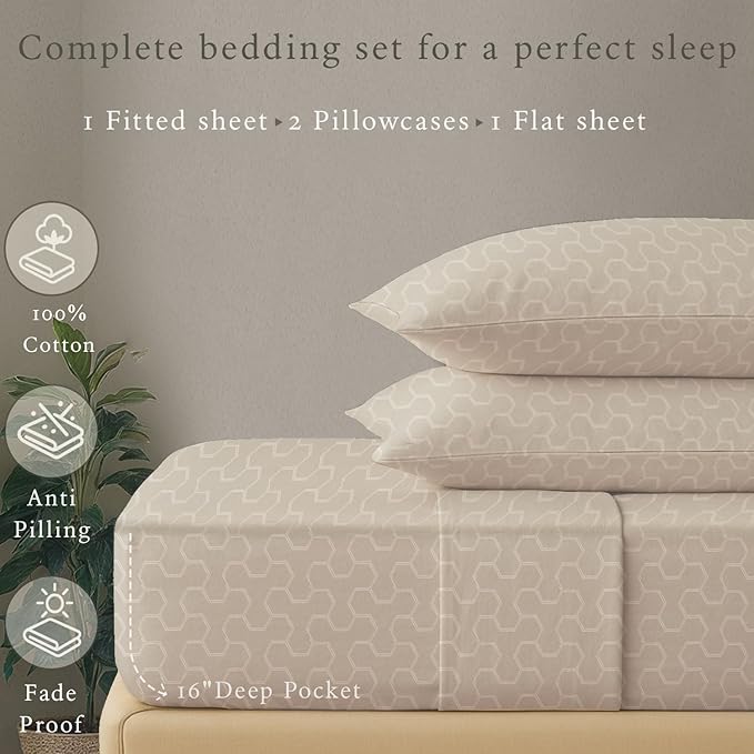 Threadmill 100% Cotton Sheets for King Size Bed | Damask Sateen All-Season 500Thread Count 4 Pc King Bed Sheets Set | Soft, Breathable Hotel Quality | Snug Fit Elastic Deep Pocket King Sheets | Beige