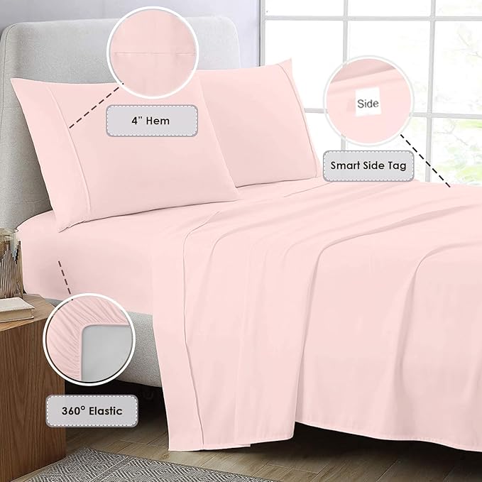 Pizuna Pure 100% Cotton Queen Size Sheet Set Light Pink, 800 Thread Count 100% Long Staple Cotton Sateen Queen Sheet Set with 15" Deep 2 Extra Pillowcases (Combed Cotton Bed Sheet Set)