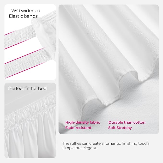 RIMELA Dorm Bed Skirt Twin XL 46 Inch Drop, Easy to Install Extra Long Wrap Around Elastic Dust Ruffle, White Bedskirt Solid Silky Fabric Machine Washable (Twin XL 80“L x 39”W & Twin 75“L x 39”W)