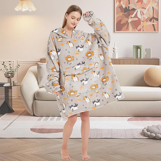 Wearable Blanket Hoodie for Adult,Oversized Sherpa Fleece Blanket Hoodie for Women Men,Cat