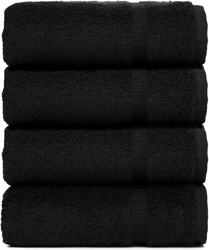 Luxury Hotel & Spa Ultra Soft Hand Towels 100% Turkish Cotton - Black - Set of 4